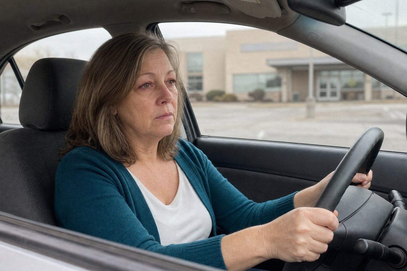 A woman sitting in her parked car, staring ahead