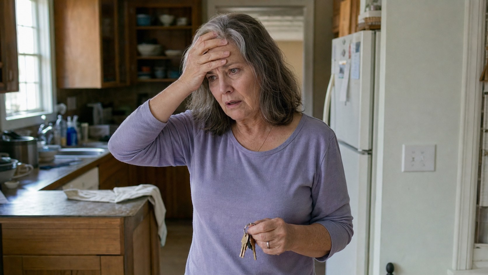 An older woman standing in her kitchen with a hand pressed to her forehead