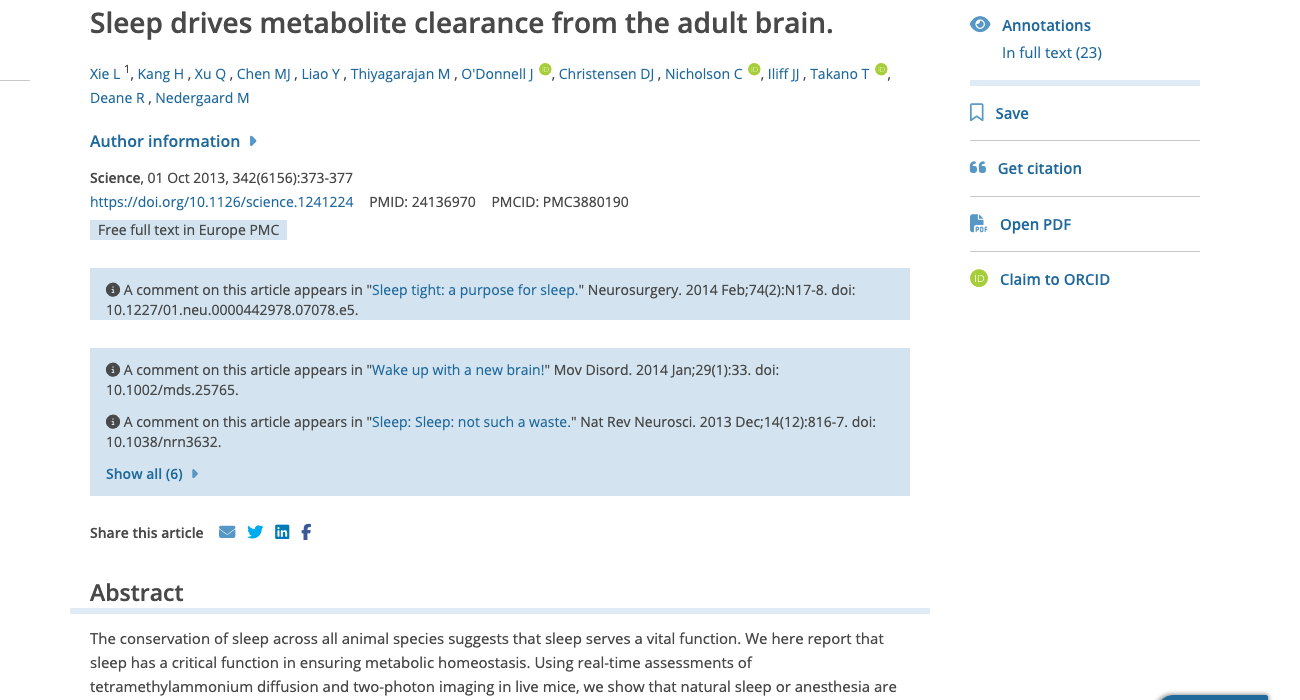 Screenshot of the 2013 Science paper, Sleep drives metabolite clearance from the adult brain
