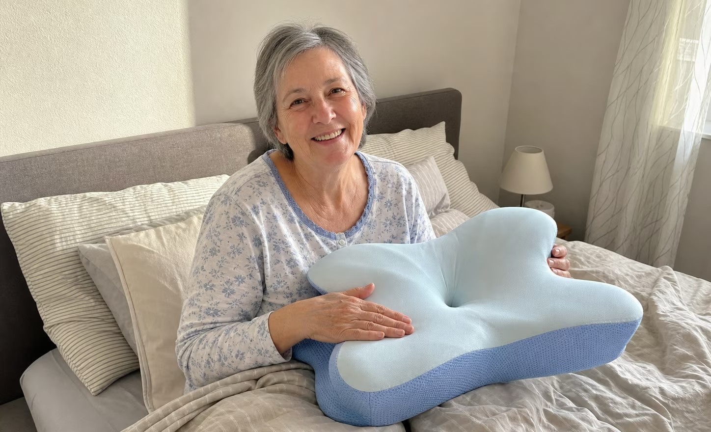 A woman sitting up in a bright bedroom, looking rested