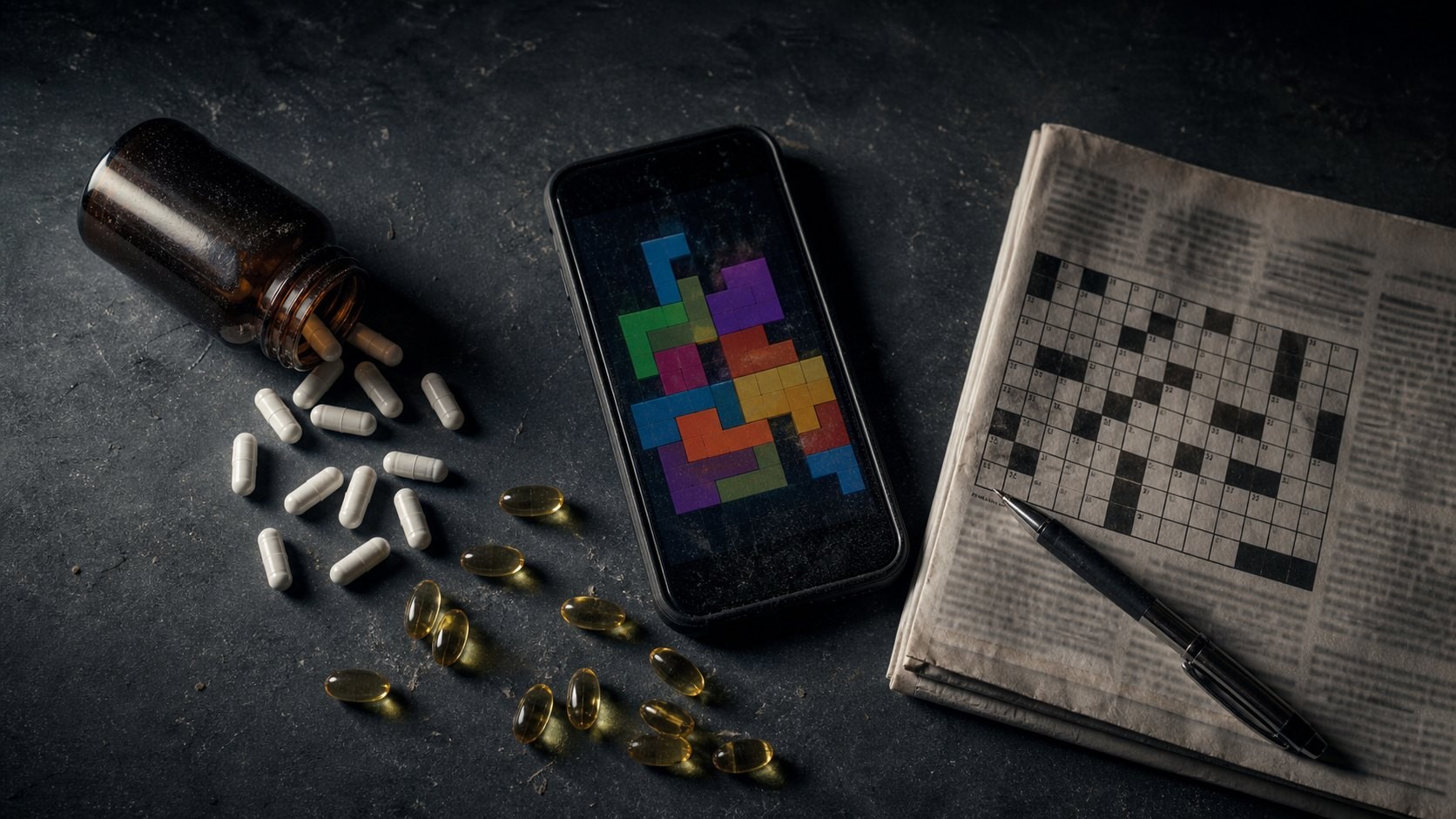 A spilled bottle of supplement capsules, a phone running a brain-training game, and a crossword puzzle